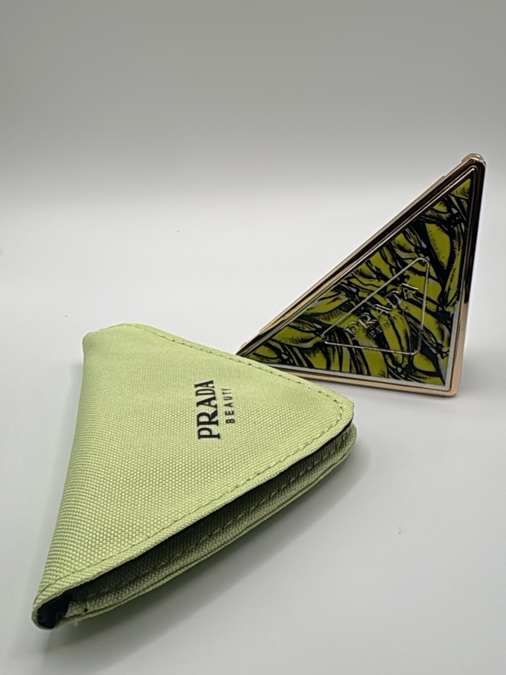 Prada Triangle Compact Mirror in Light Green and Olive Pattern